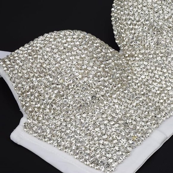 Women's Rhinestone Diamond Push Up Bustier Crop Top Sexy Punk Corset Bra White - Picture 4 of 6